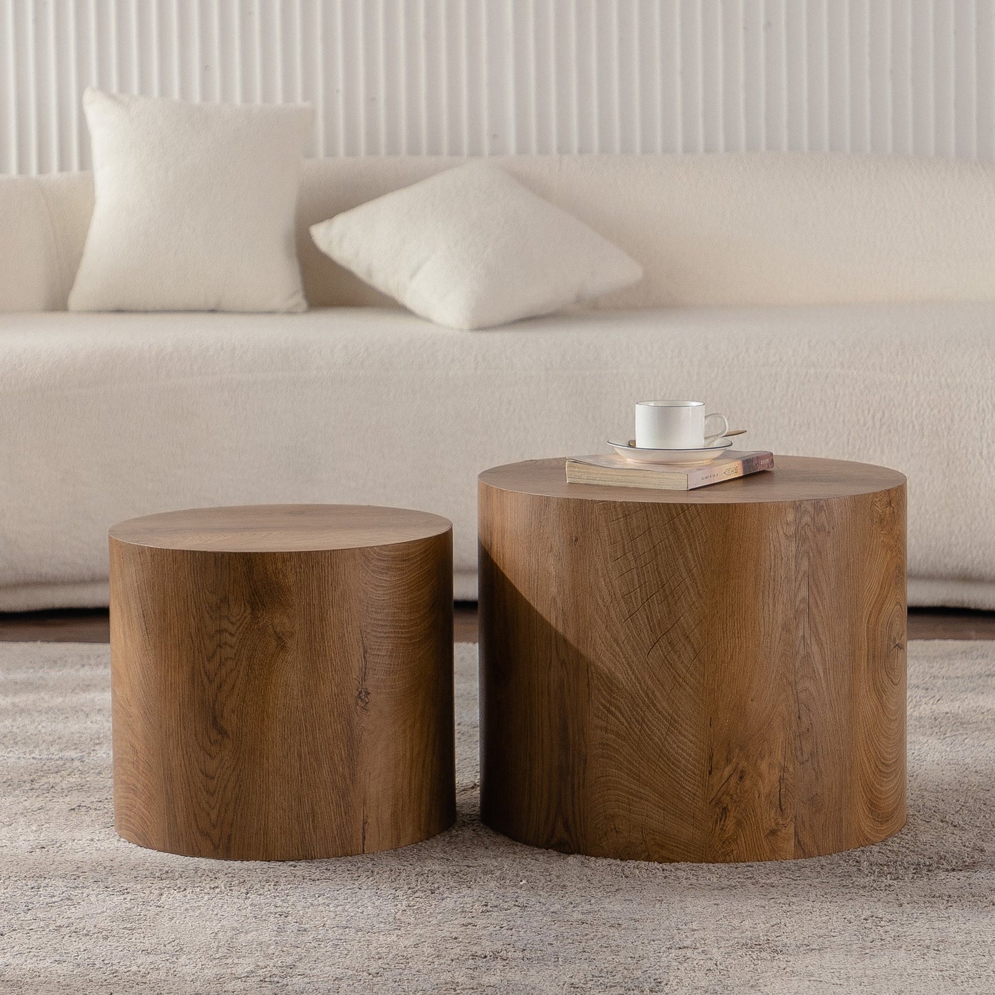 Nesting Coffee Table Set of 2 Round Wooden Tables