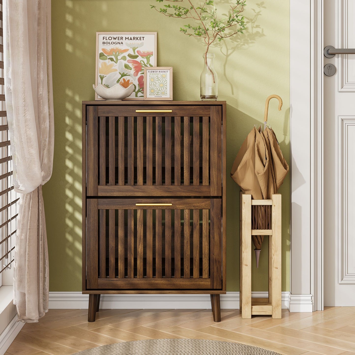 Medieval Modern Shoe Cabinet With 2 Flip Drawers And Fence Design