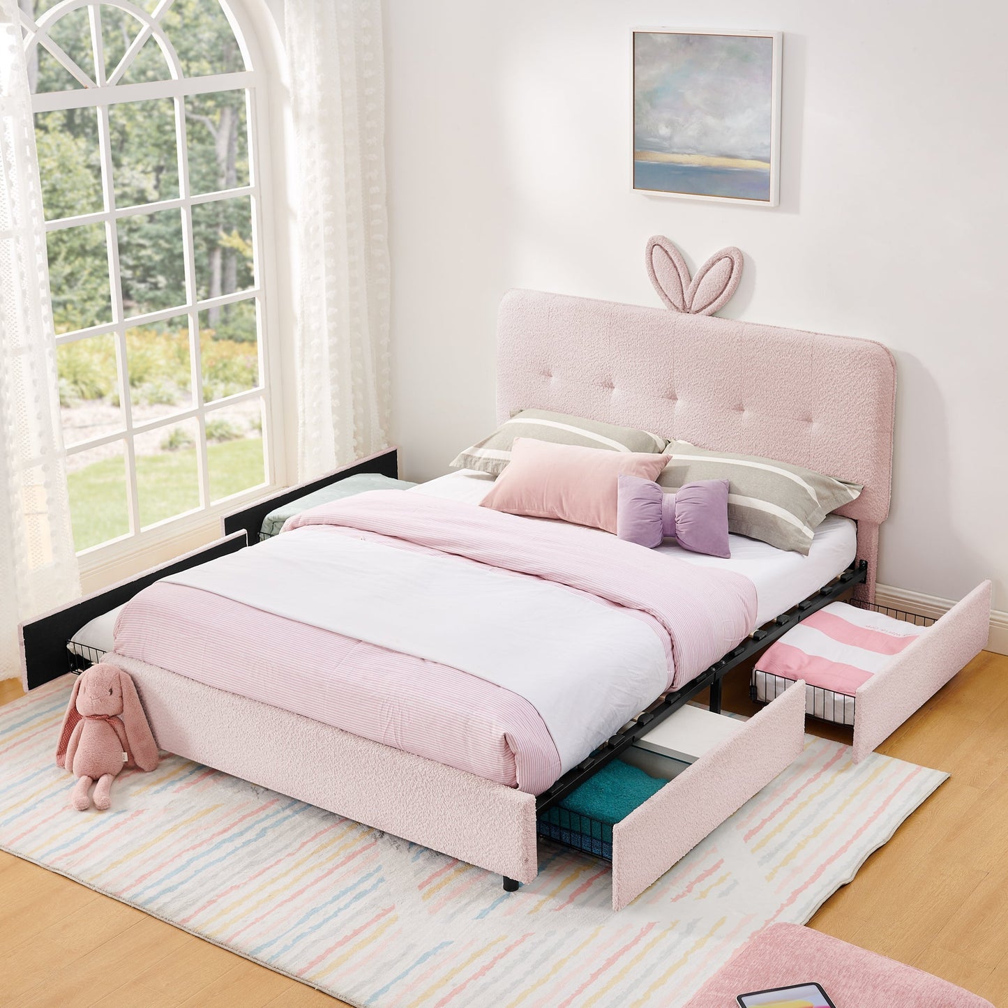 Queen Size Kids Upholstered Bed with Rabbit Ear Headboard & Storage