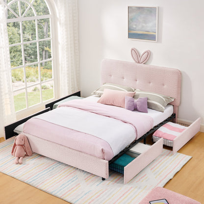 Queen Size Kids Upholstered Bed with Rabbit Ear Headboard & Storage