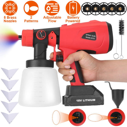 Portable Battery Powered ElectricÊPaint SprayerÊHVLP Spray Painting Gun Handheld Painter with 2 Spray Patterns 5 Nozzles 800ML Detachable Cup Flow Adj