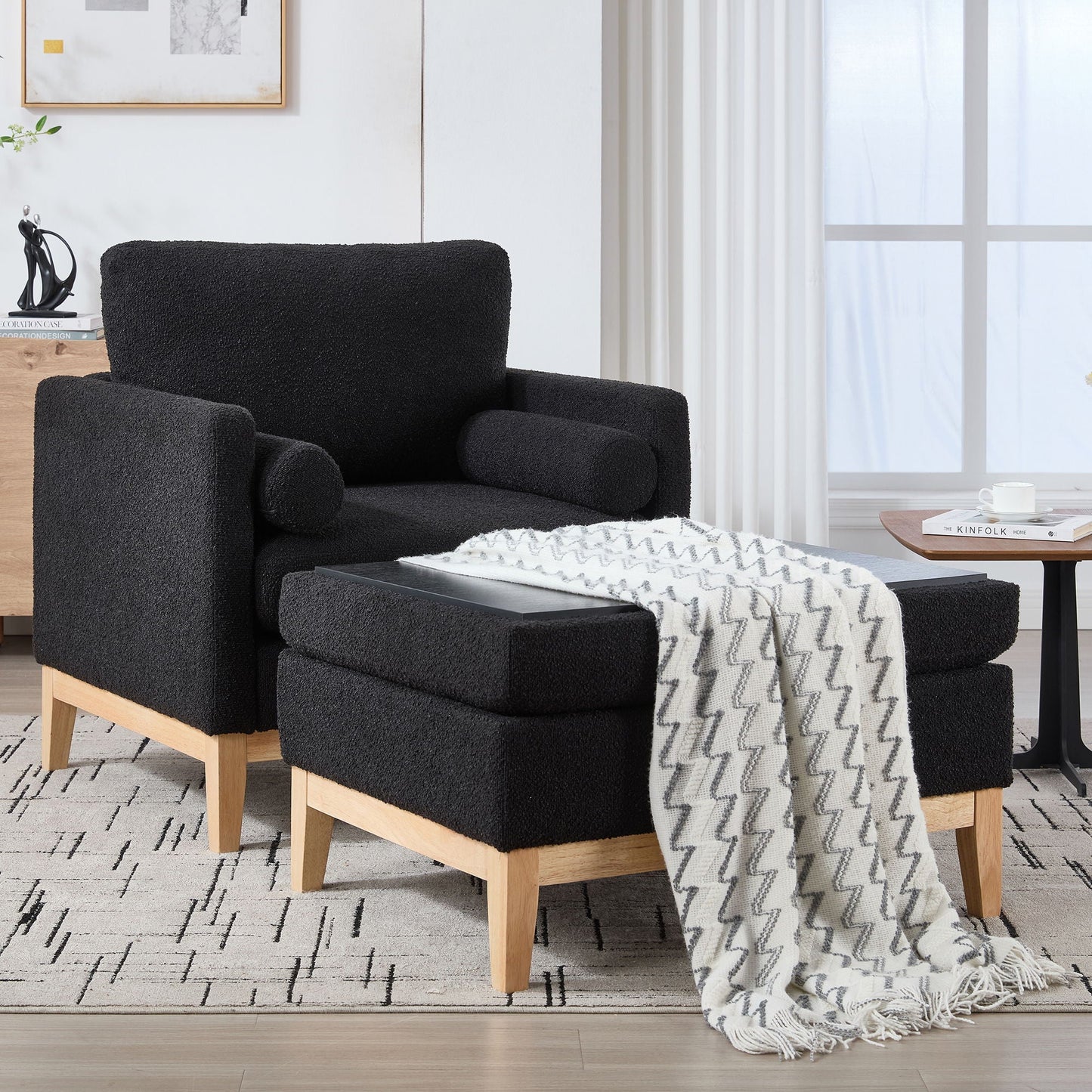Oversized 360 Degree Swivel Barrel Accent Chair And Ottoman Set With Storage