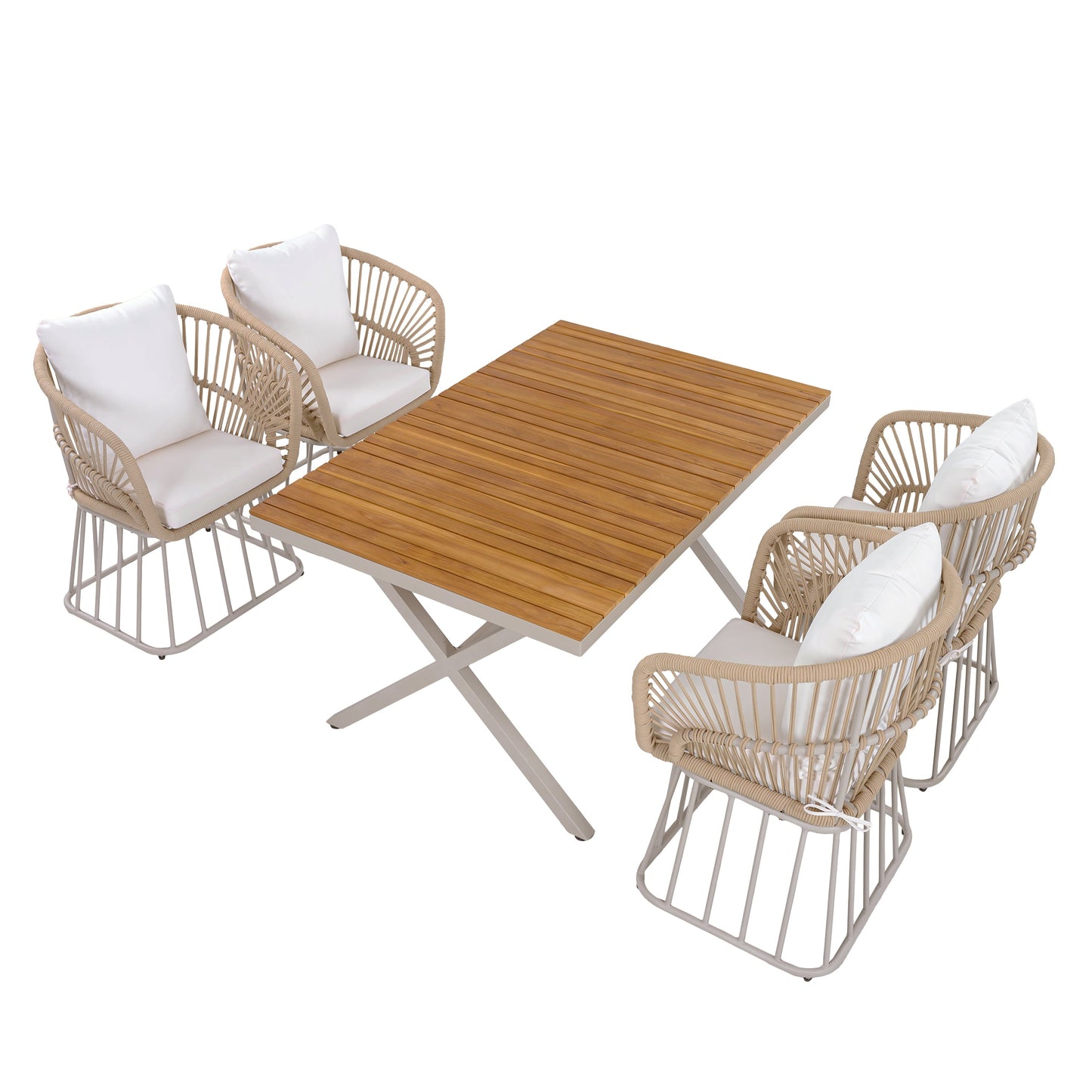 Outdoor 5-Piece Dining Set - Rectangular Teak Wood Table + 4 Wicker Chairs with Cushions