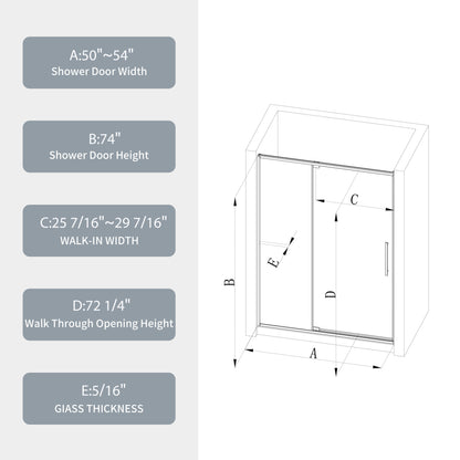 50-54"W x 74"H Pivot Shower Door with 5/16" Tempered Glass - Brushed Nickel Finish