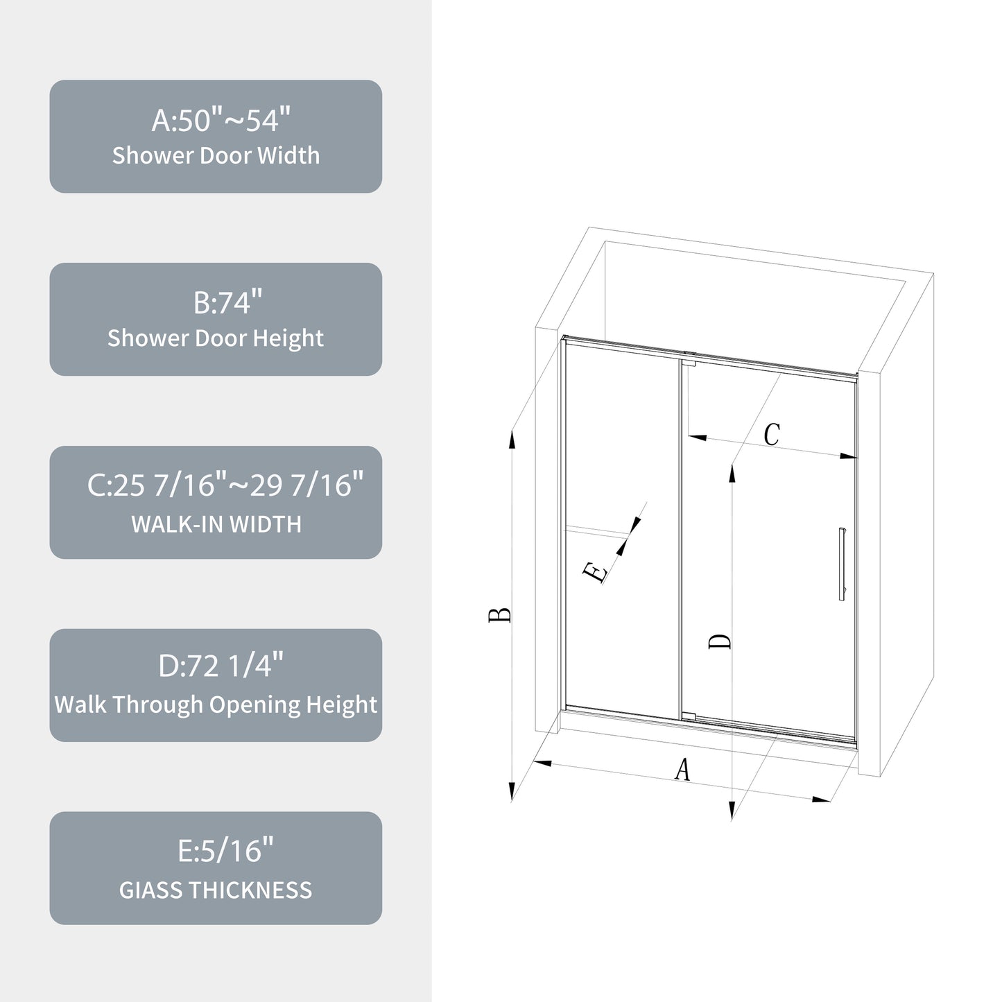 50-54"W x 74"H Pivot Shower Door with Matte Tempered Glass Finish