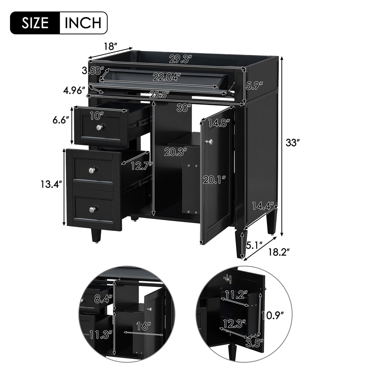 Bathroom Vanity With 2 Drawers And Tip-Out Drawer, Storage Cabinet