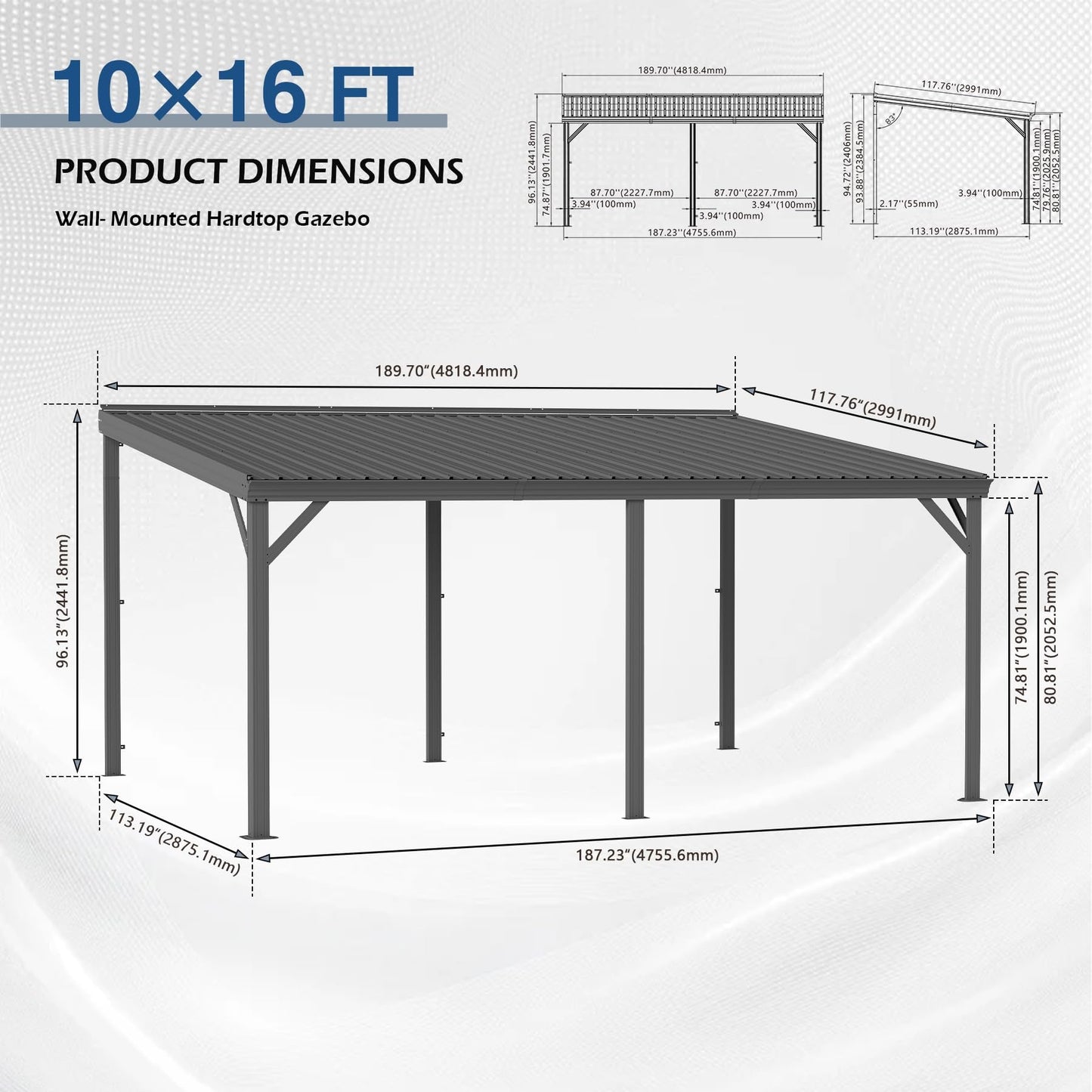 10'x16' Hardtop Wall Mounted Gazebo