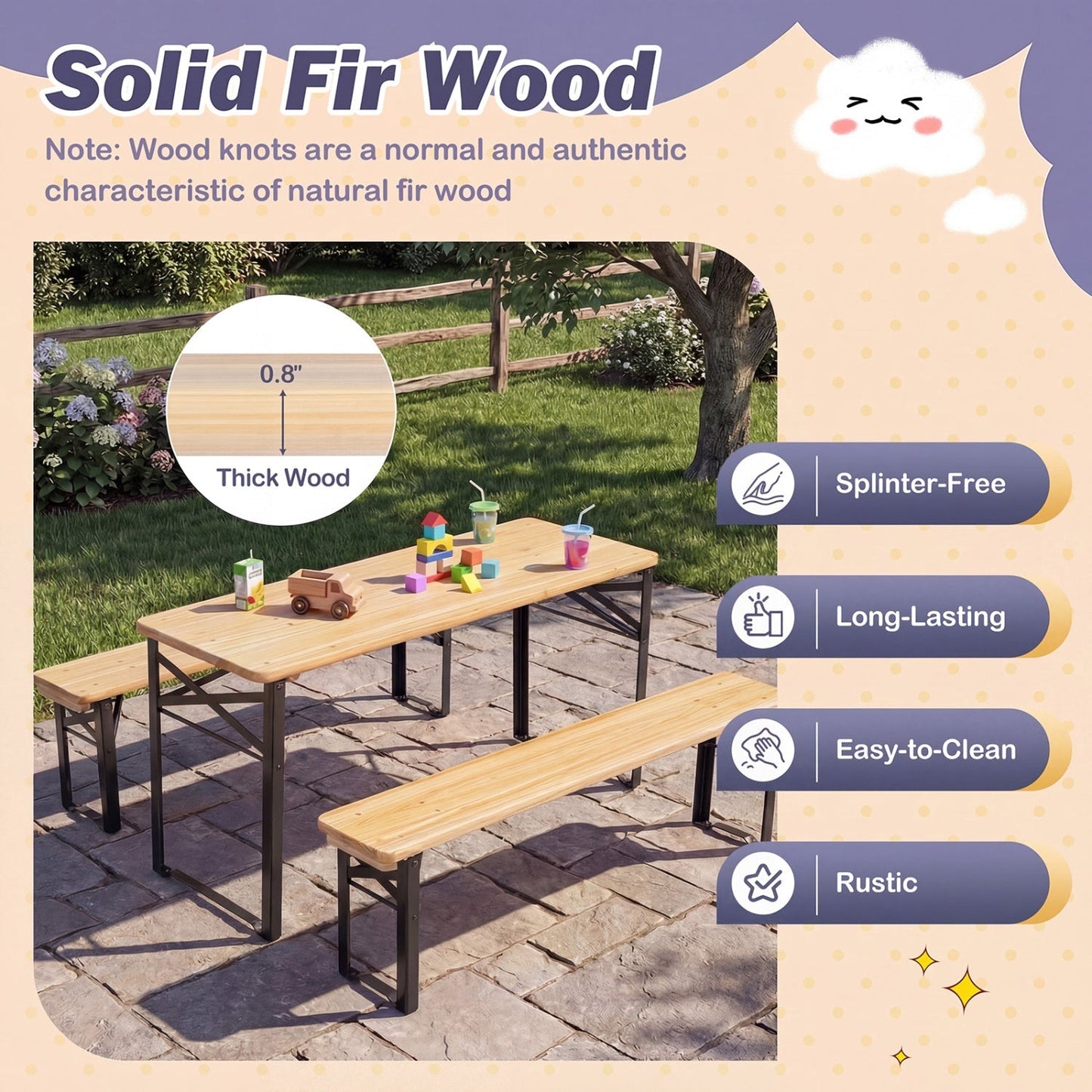 43.5 Inch Folding Kids Picnic Table & Bench Set No Assembly Wooden Toddler Table