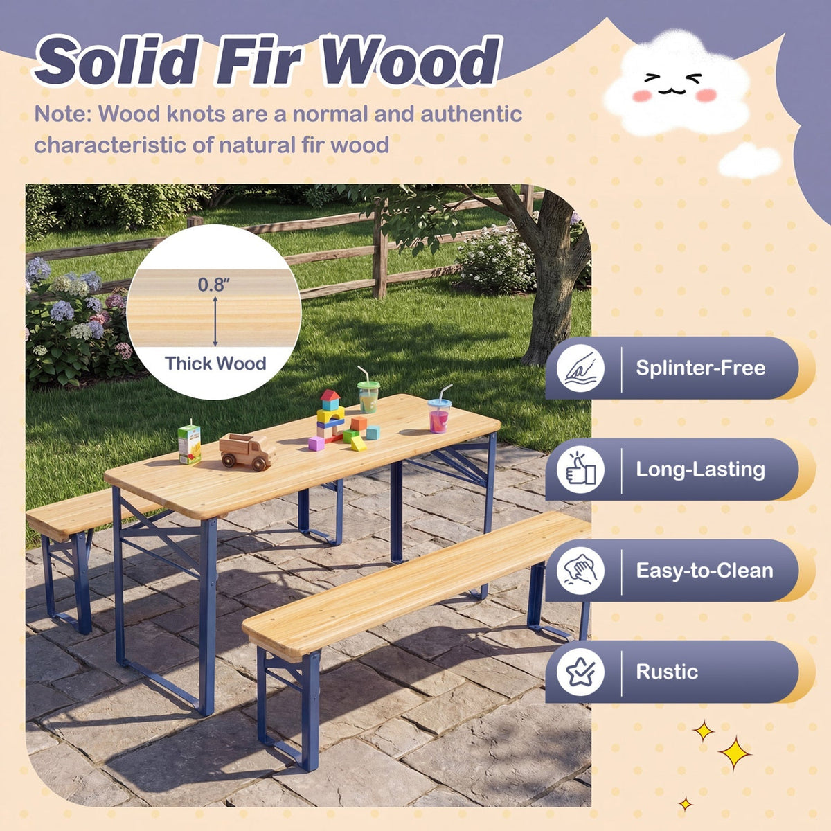 43.5 Inch Folding Kids Picnic Table & Bench Set No Assembly Wooden Toddler Table