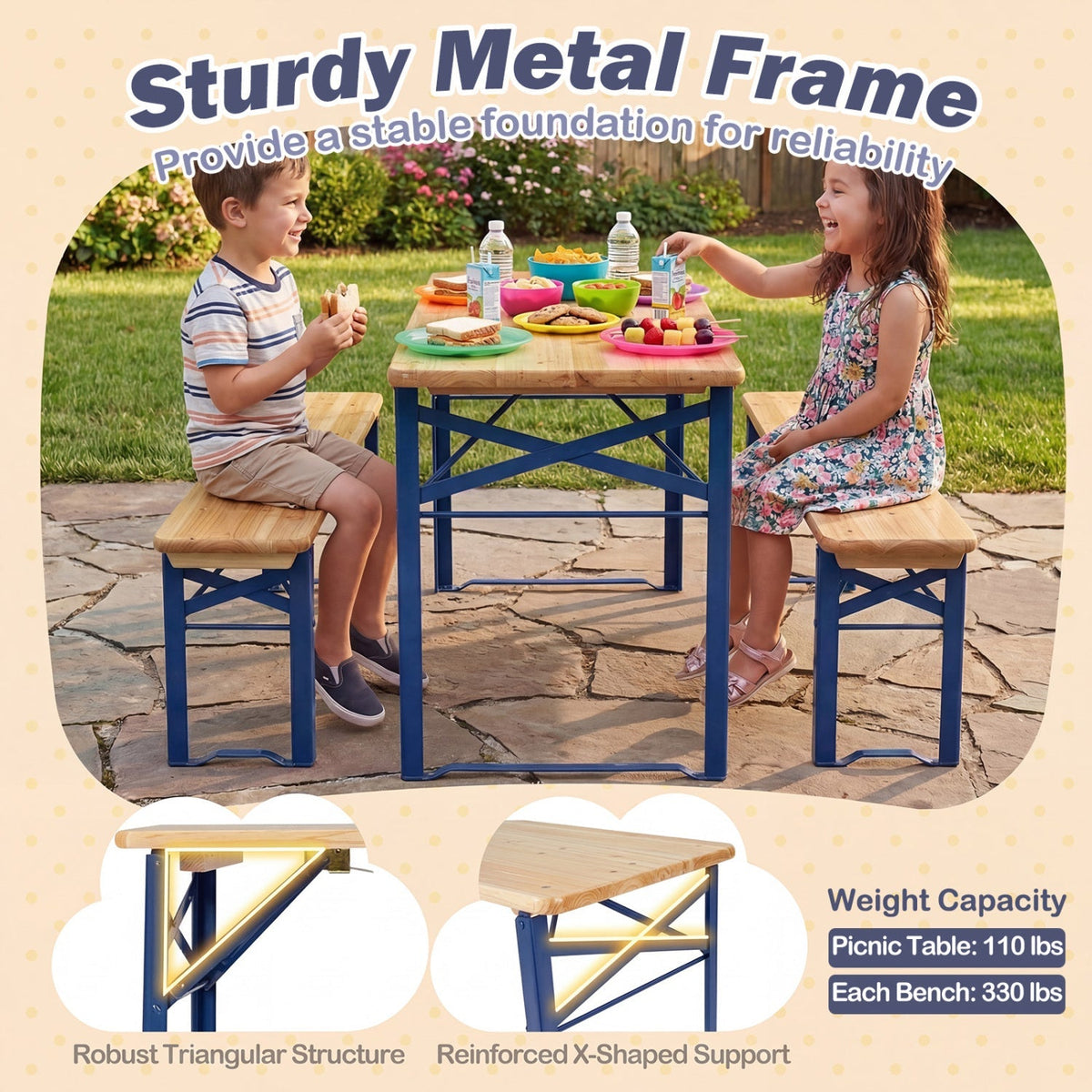 43.5 Inch Folding Kids Picnic Table & Bench Set No Assembly Wooden Toddler Table