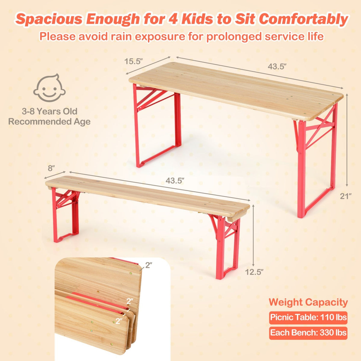 43.5 Inch Folding Kids Picnic Table & Bench Set No Assembly Wooden Toddler Table