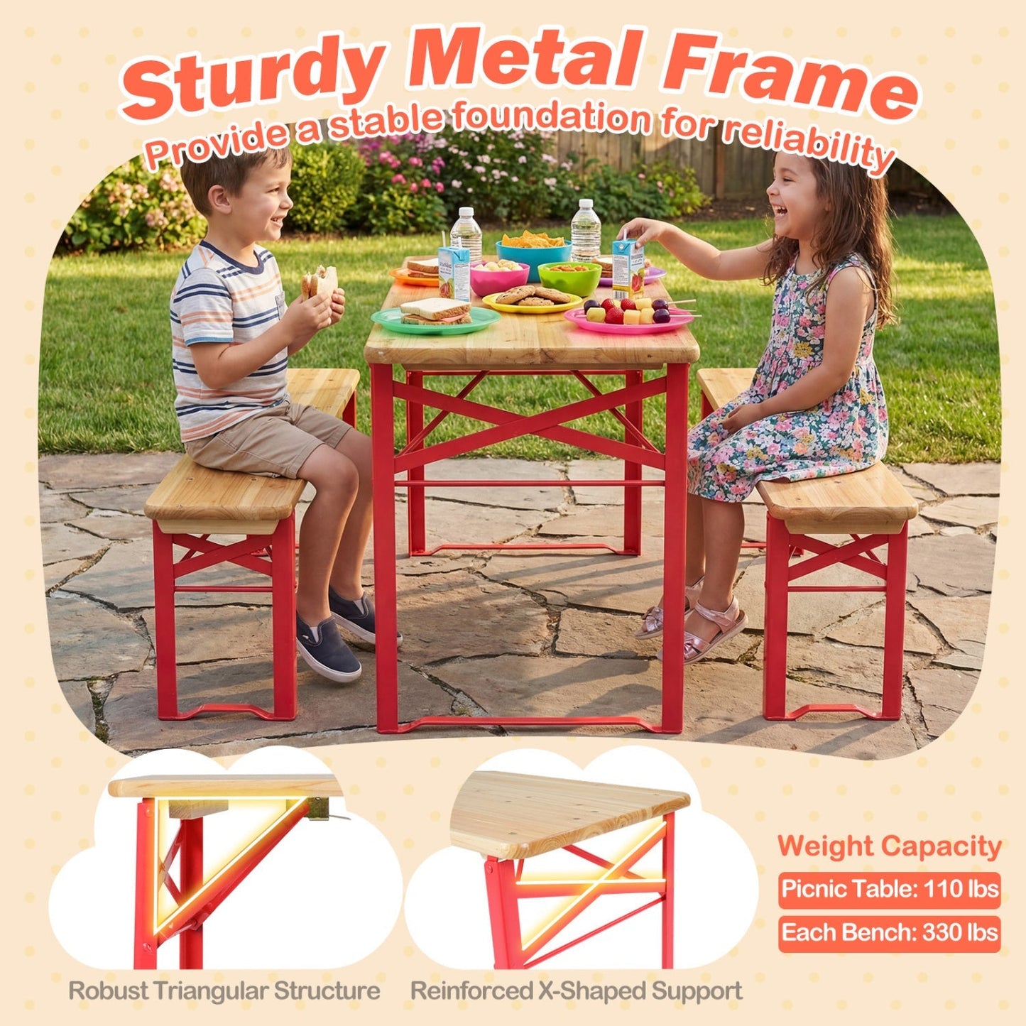 43.5 Inch Folding Kids Picnic Table & Bench Set No Assembly Wooden Toddler Table