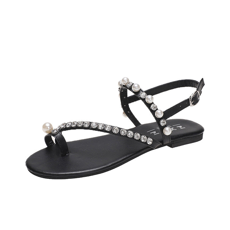 2026 Spring Summer New Rhinestone Pearl Toe Loop Roman Flat Sandals For Women, Plus Size Gentle Fairy Style Unique Ladies Shoes