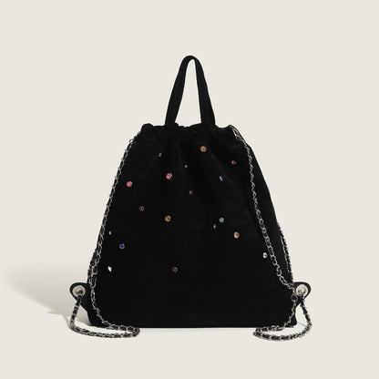 Women's bag matte suede backpack purse, splicing colored gemstone chain backpack, drawstring portable backpack