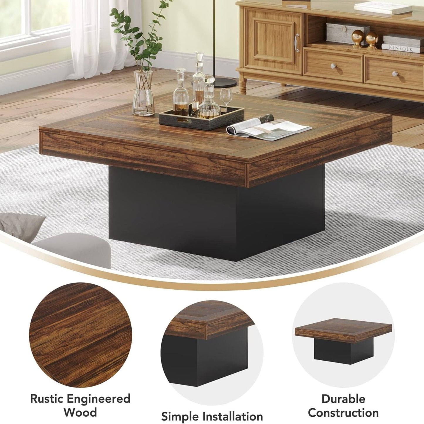 LED Coffee Table With Base, Center Table For Living Room - Rustic Brown