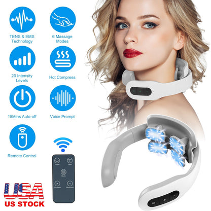 4 Head EMS Neck Massager with Heat Cordless Cervical Neck Massager EMS Neck Massager with 6 Modes 20 Intensity Levels Remote Control Voice Prompt