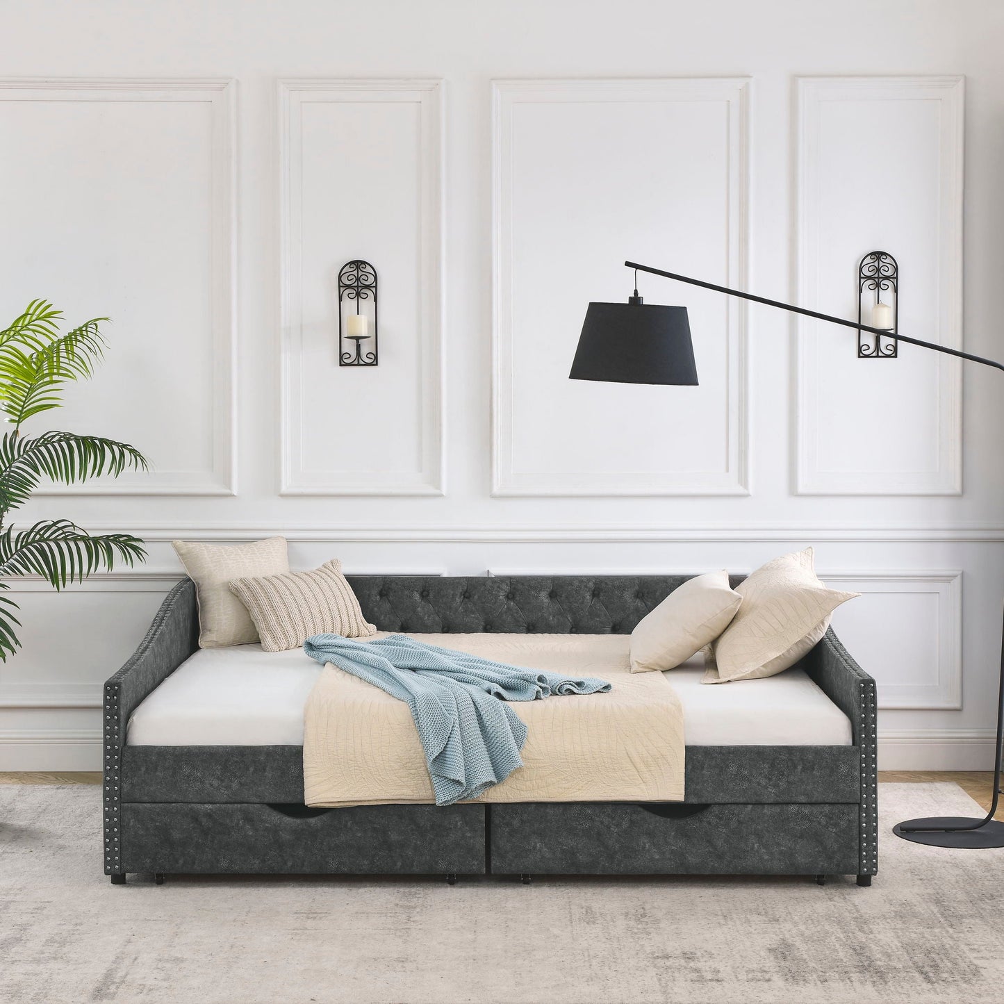 Upholstered Tufted Daybed With 2 Drawers, Waved Arms
