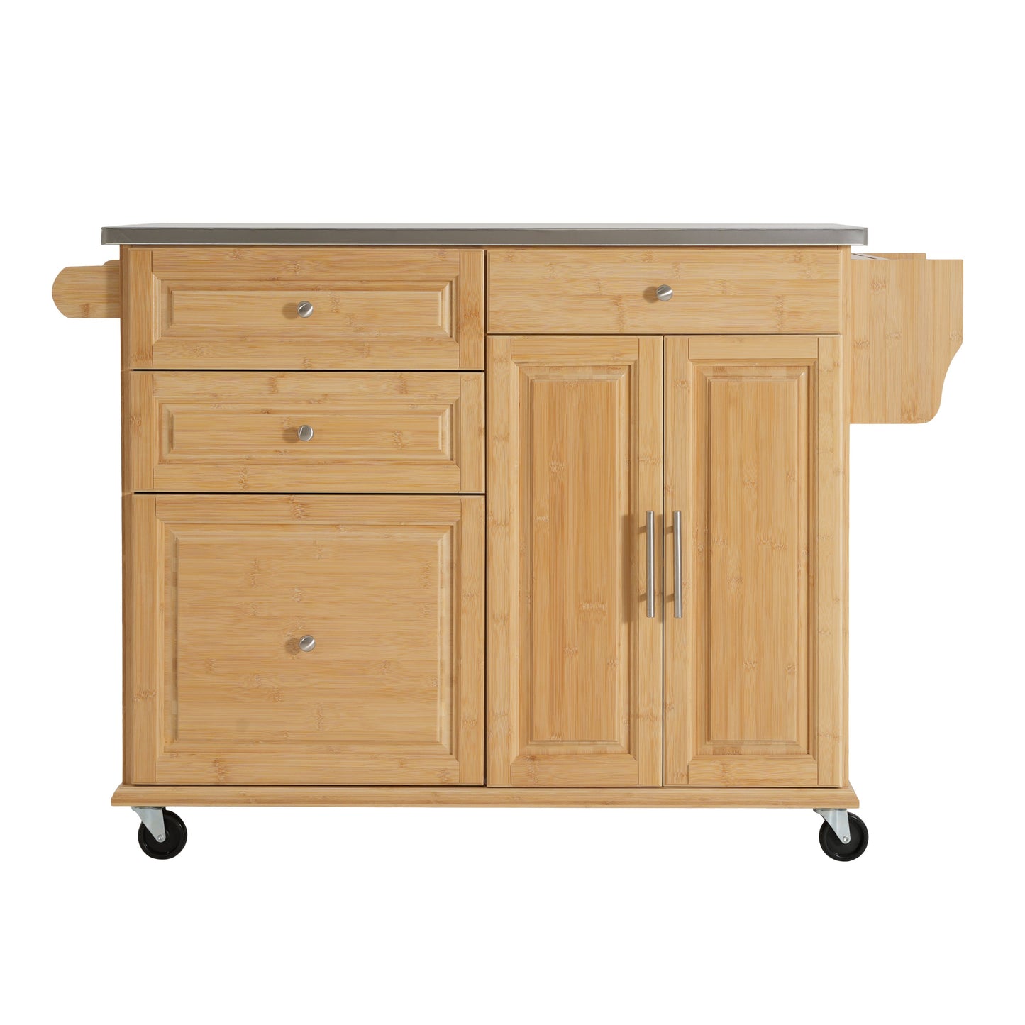 Indoor Bamboo Rolling Kitchen Island with Stainless Steel Top