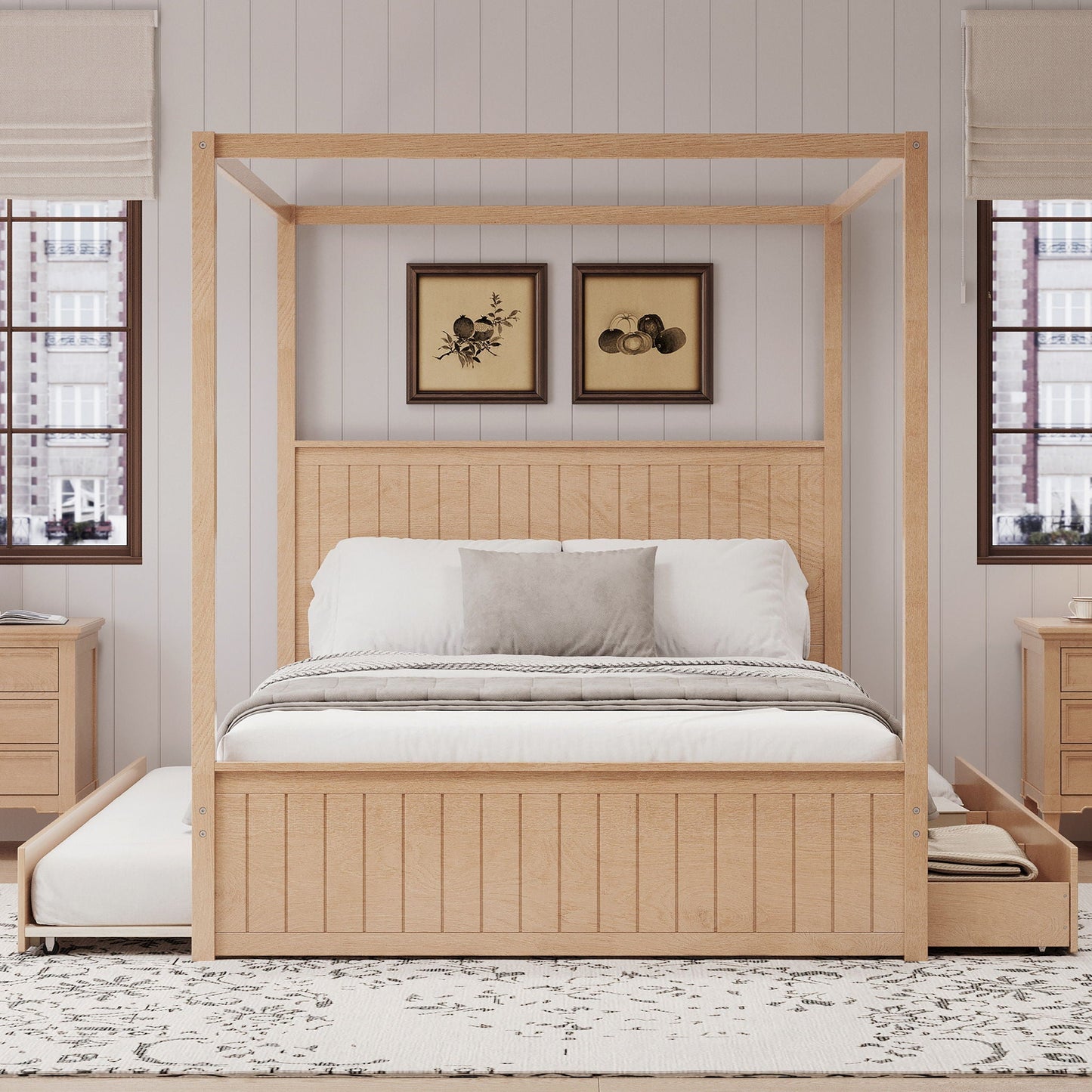 Canopy Platform Bed With Trundle And 3 Storage Drawers