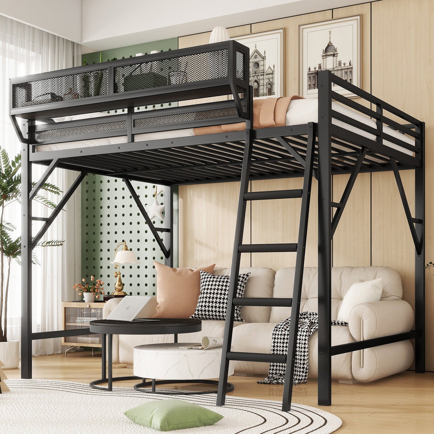 Full Size Loft Bed with Ladder and Storage Shelves