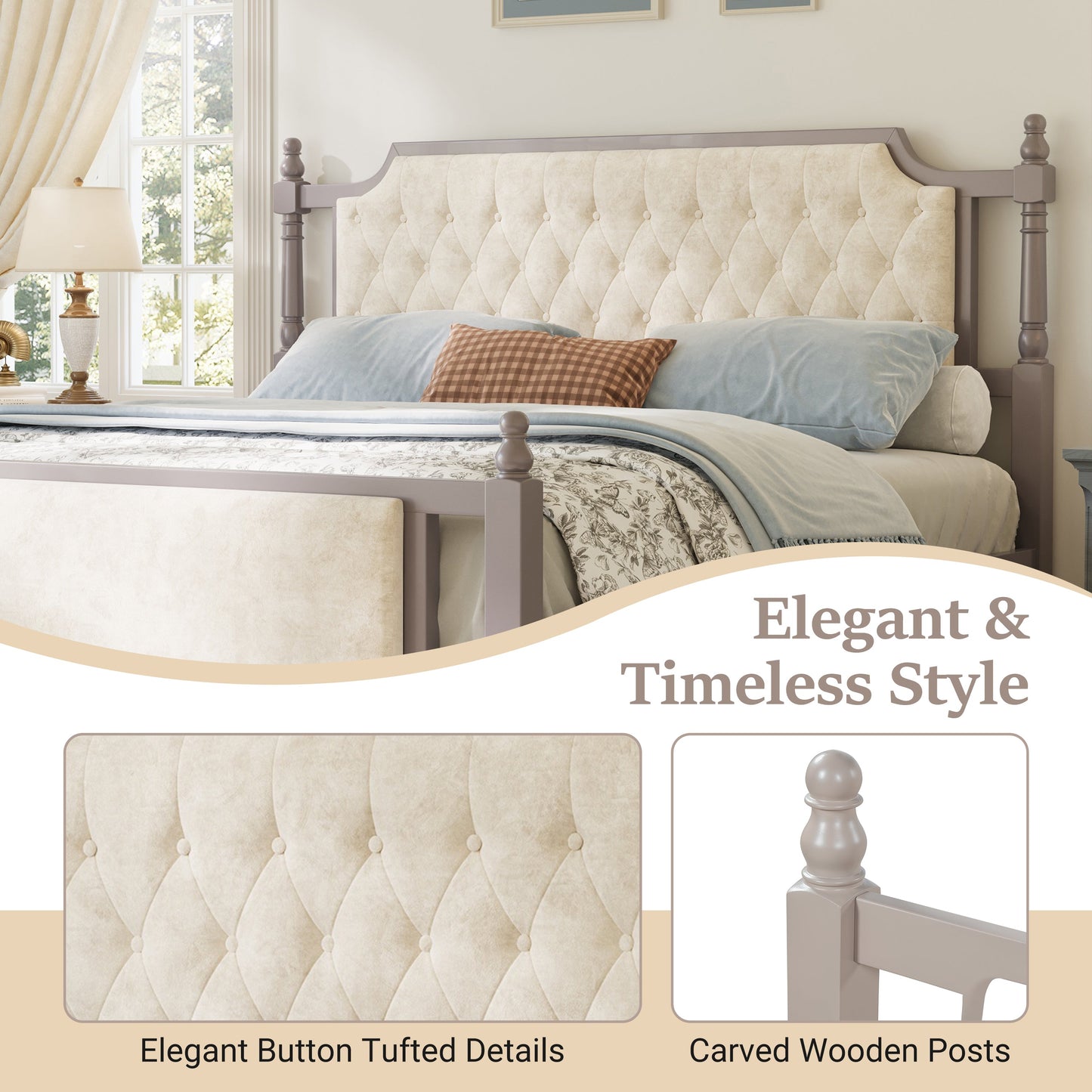 King Size Upholstered Platform Bed with Button Tufted Headboard