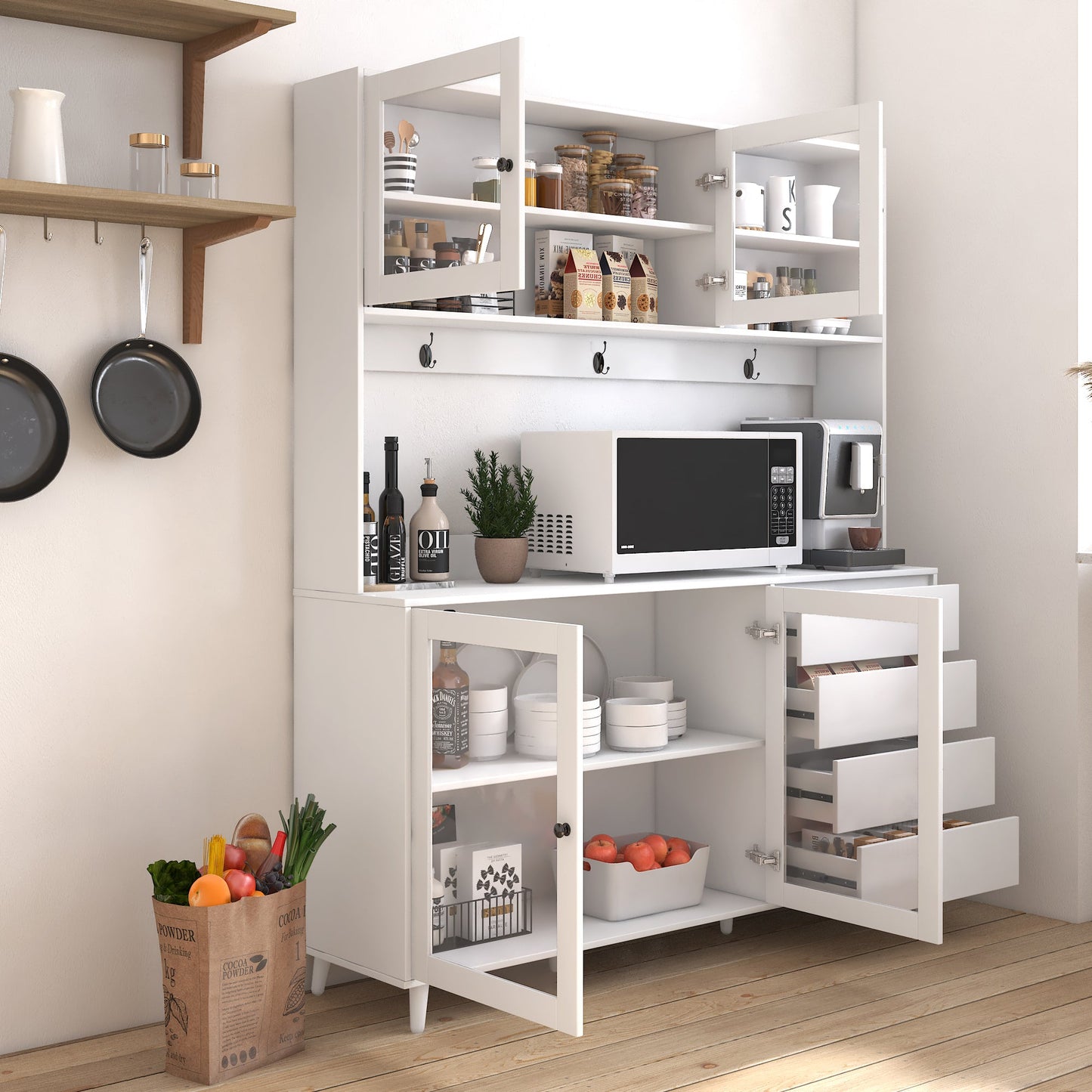 63" W Large Kitchen Hutch Cabinet, Freestanding Pantry Storage