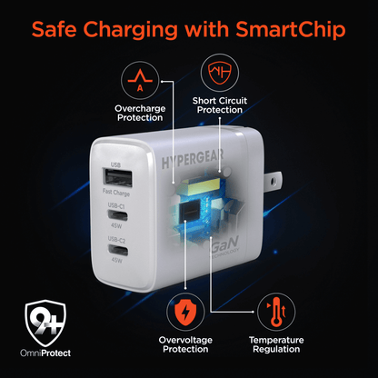 HyperGear SpeedBoost 45W USB-C PD Tri-Port GaN Fast Wall Charger with PPS