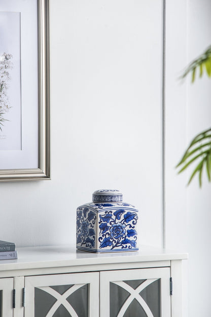 5x5x8' Hand Painted Square Canister with Blue and White Floral Pattern