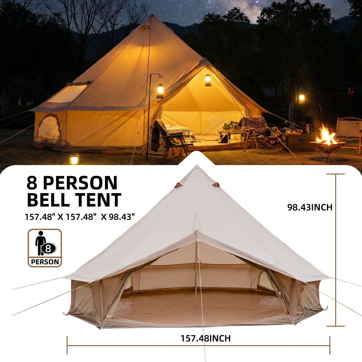 4 Season Bell Tent 13.1FT, Beige Waterproof Glamping Yurt Tent