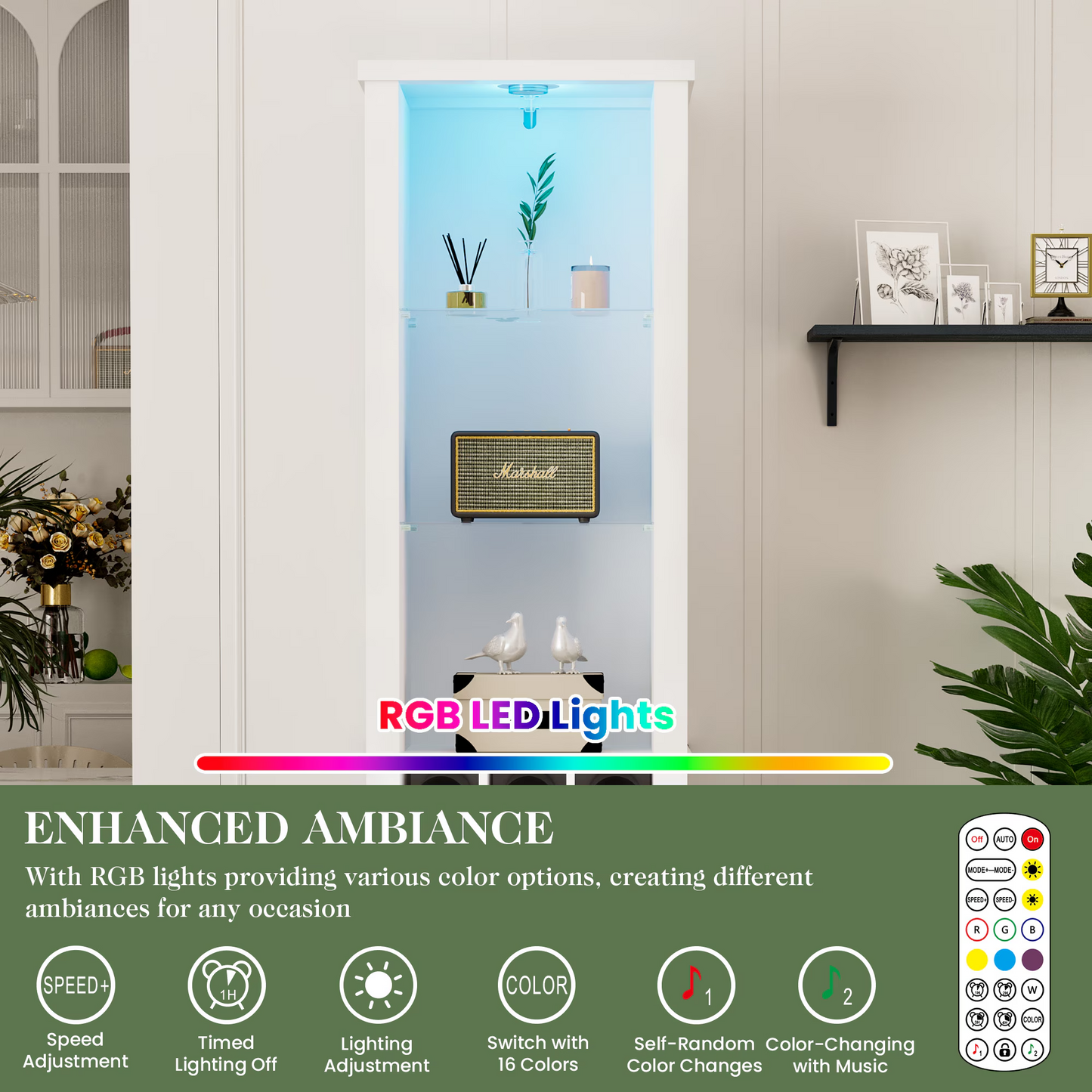 75'' Tall Storage Cabinet with LED Light, Farmhouse Style