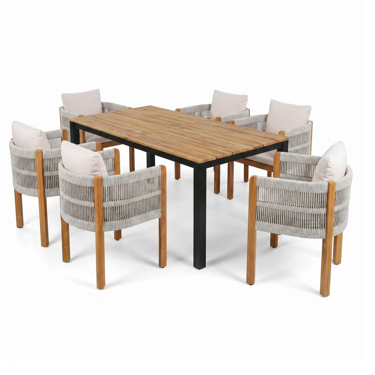 7 Piece Outdoor Dining Set With Table And 6 Chairs - Beige / Teak / White