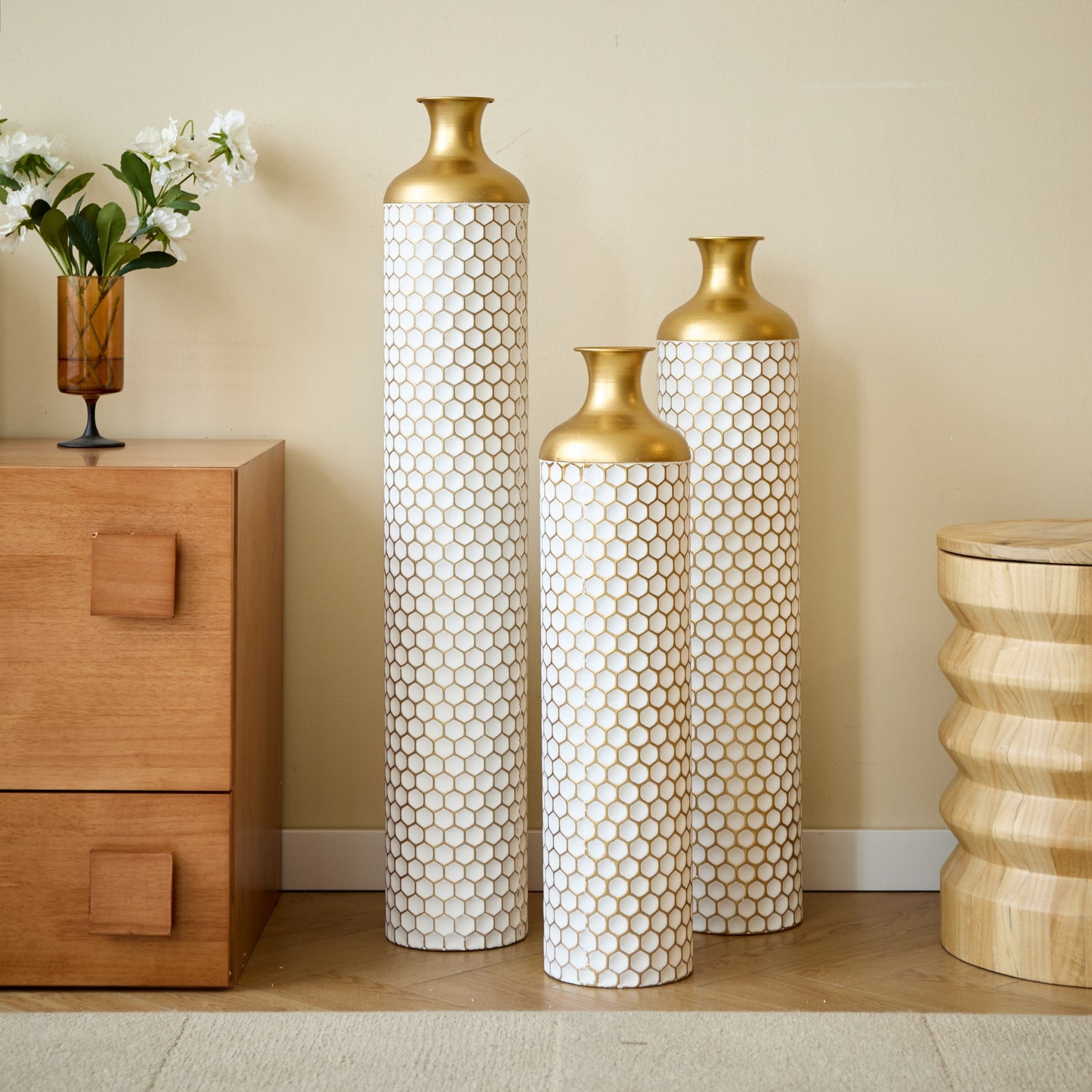 3-Piece Modern Metal Vase Set - White & Gold