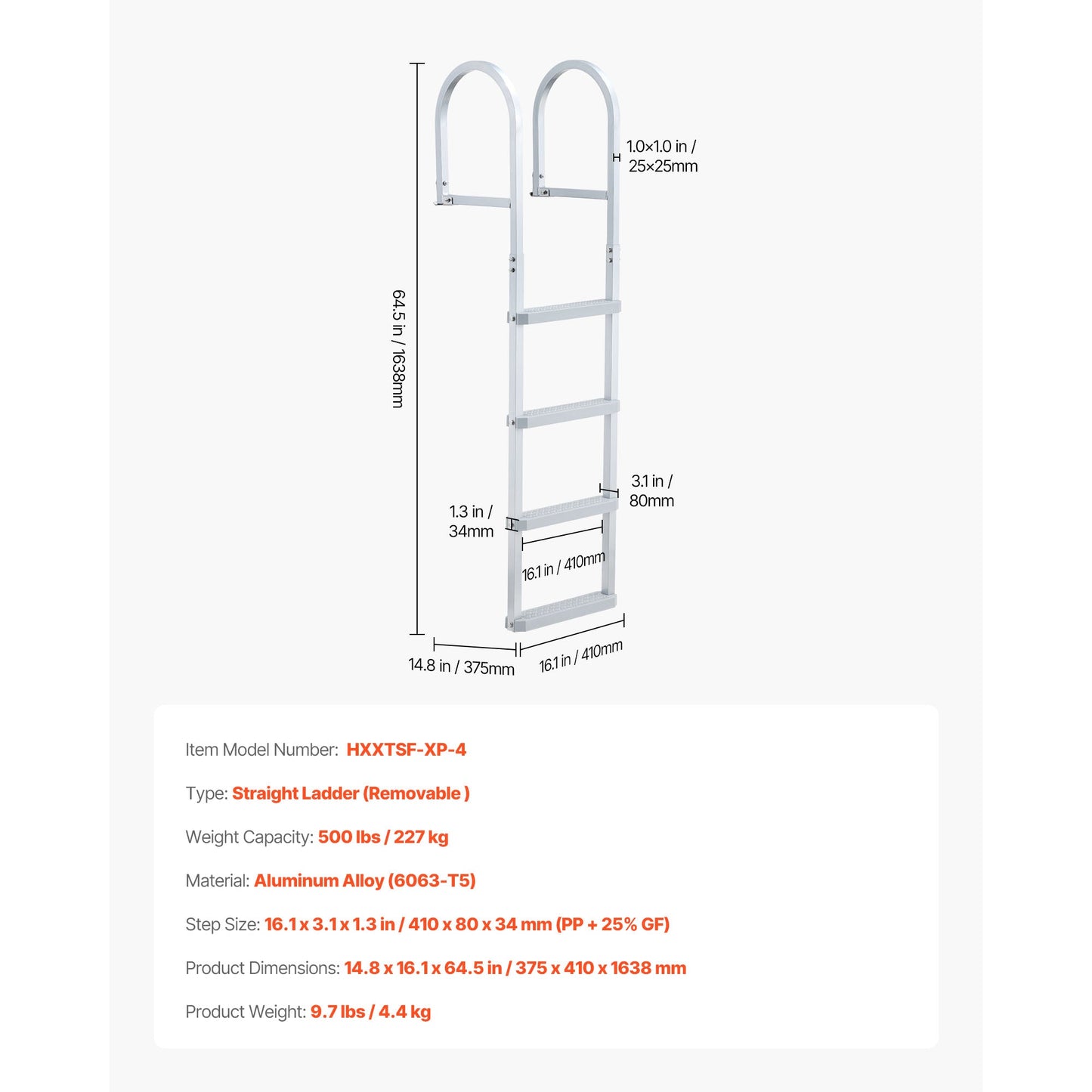 Removable Dock Ladder, 4 Steps, Aluminum Alloy Pontoon Boat Swim Ladder