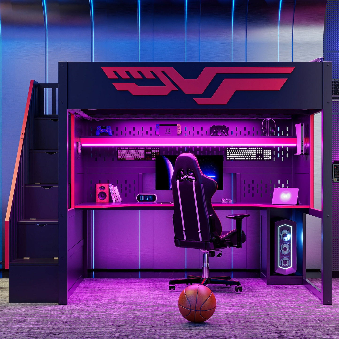 Full Gaming Loft Bed With Desk And Storage Staircase, LED Lights And USB - Red / Black