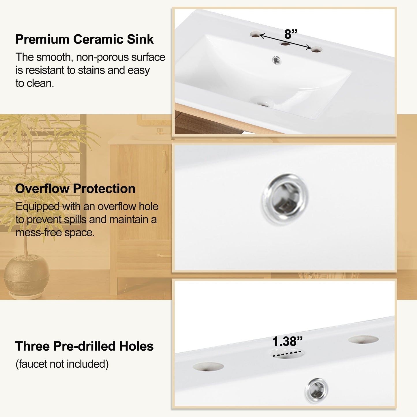 36" Bathroom Vanity, 2 Soft Close Doors, 4 Soft Close Drawers, Adjustable Shelf, Storage Cabinet - Acacia Wood