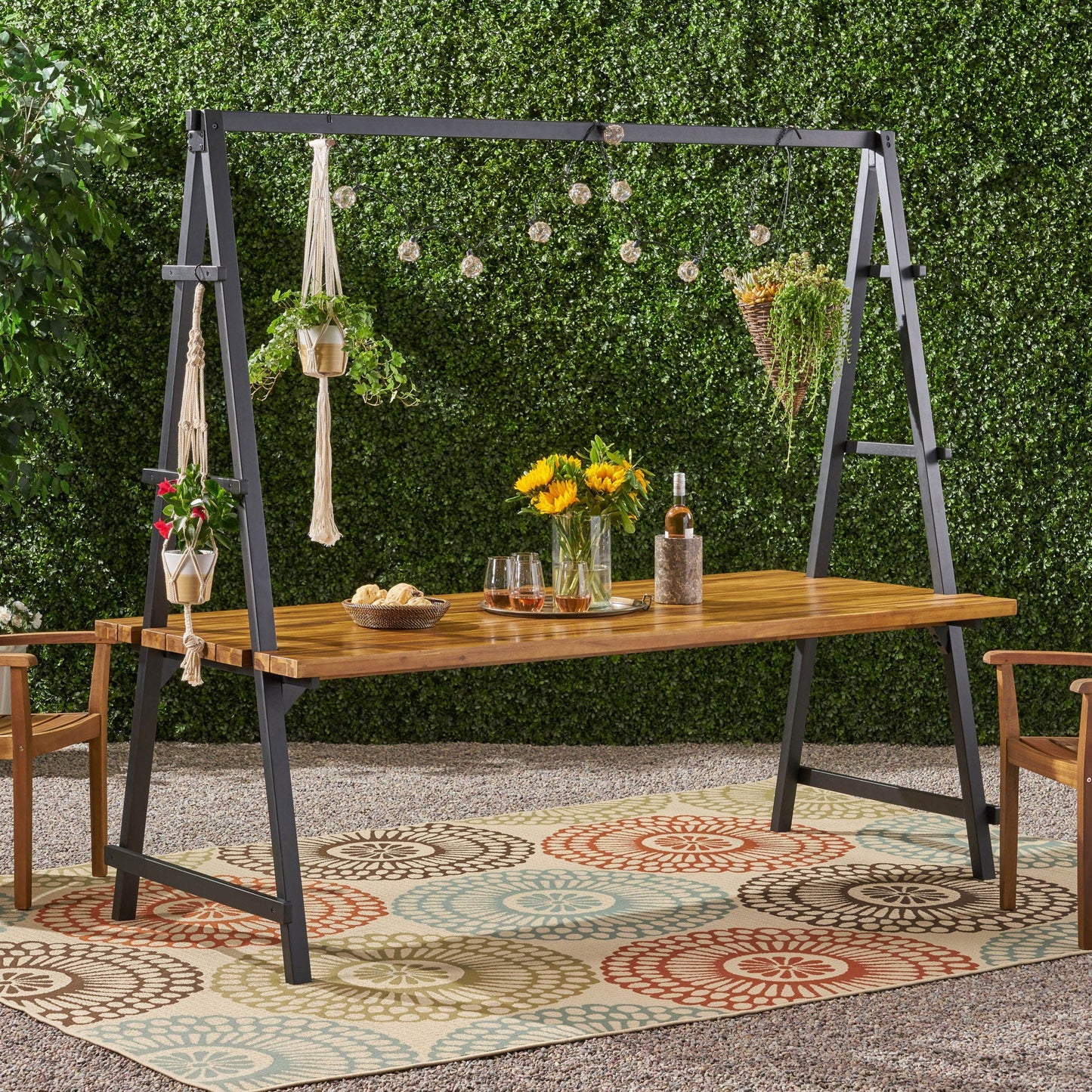 Huckleberry - Acacia Wood Outdoor Dining Table with Plant Hanger - Teak