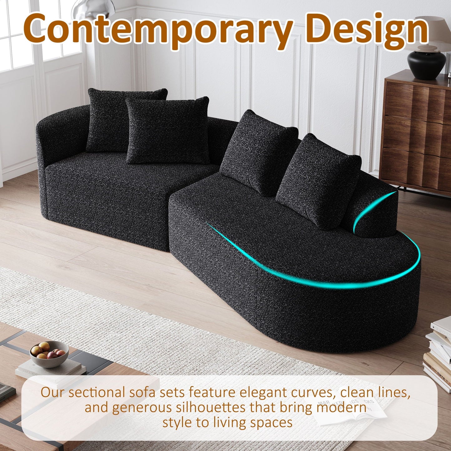 Upholstered Oversized Sectional Sofa, 4 Seater Extra Deep & Wide Curved Cloud Couch With 4 Throw Pillows For Living Room - Black