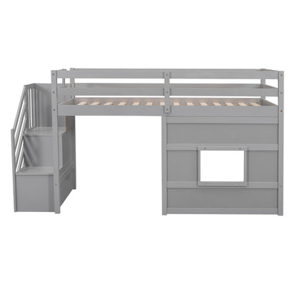Loft Bed With Storage Staircase, Window & LED Light