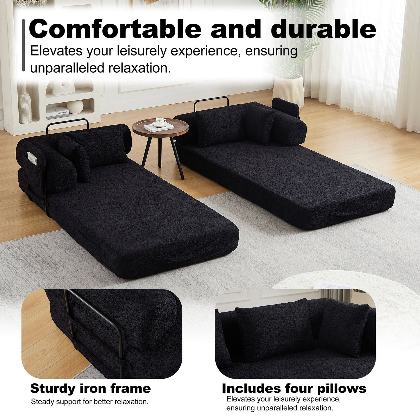 Convertible Sleeper Sofa Bed With Cylindrical Pillow