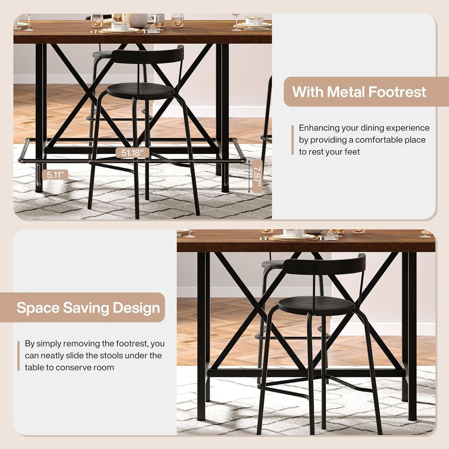 Counter Height Dining Rectangular Kitchen Table For 6 - Brown / Black
