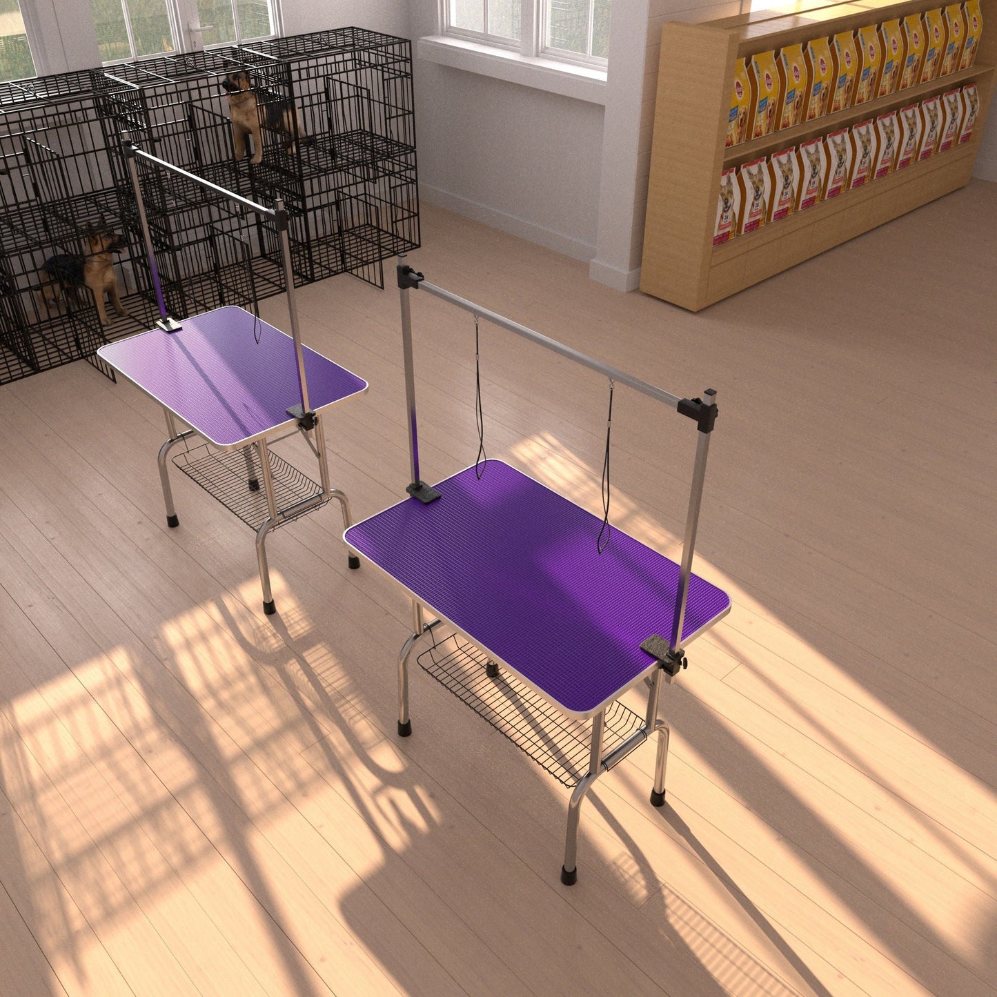 Folding Dog Pet Grooming Table Stainless Steel Frame Rubber Mat On Board With Adjustable Arm And Clamps Pet Dog Cat Grooming Table