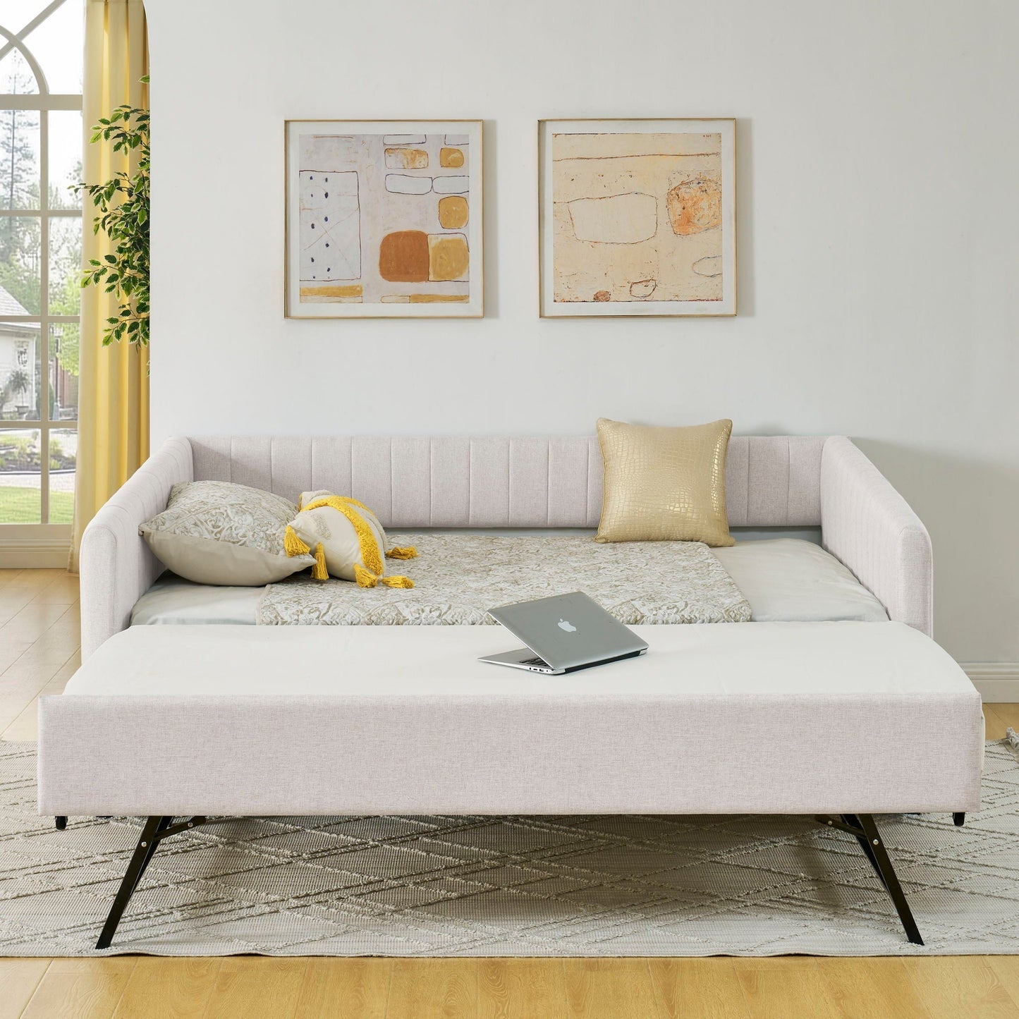 Upholstered Daybed With Trundle With Vertical Stripes