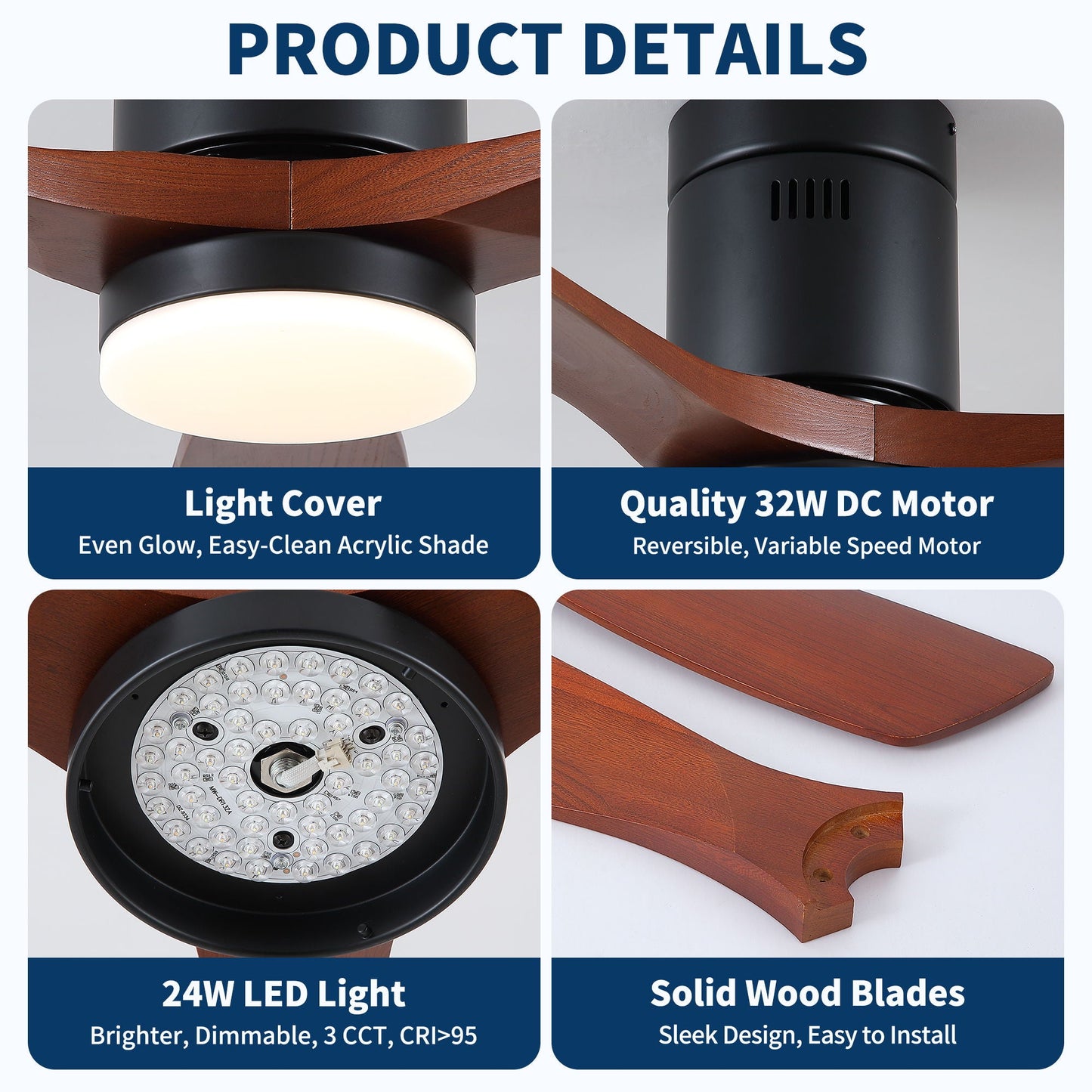 Low Profile Flush Mount Intergrated LED Ceiling Fan With Light And Silent Reversible Motor