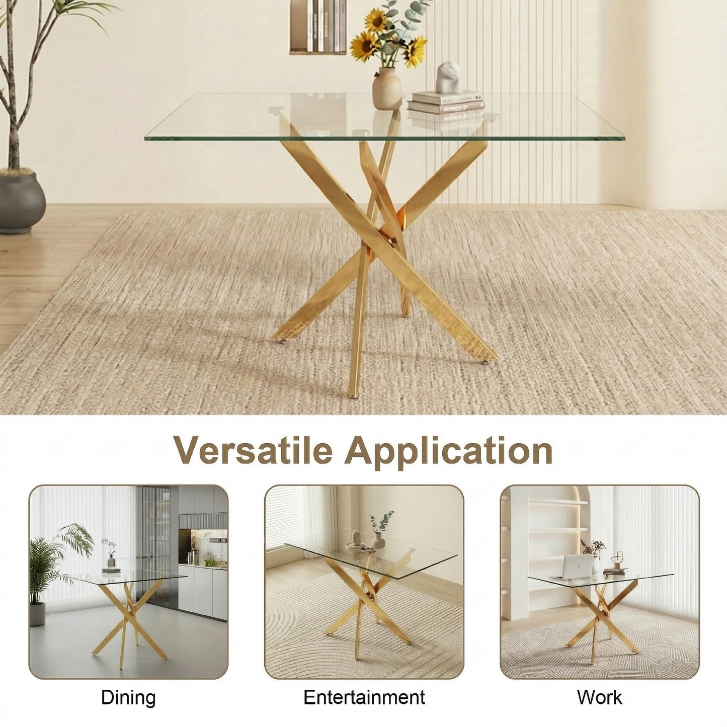 Rectangular Glass Dining Table with Gold-Plated Legs