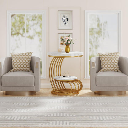 Round Vintage End Table With 2 Tier Storage