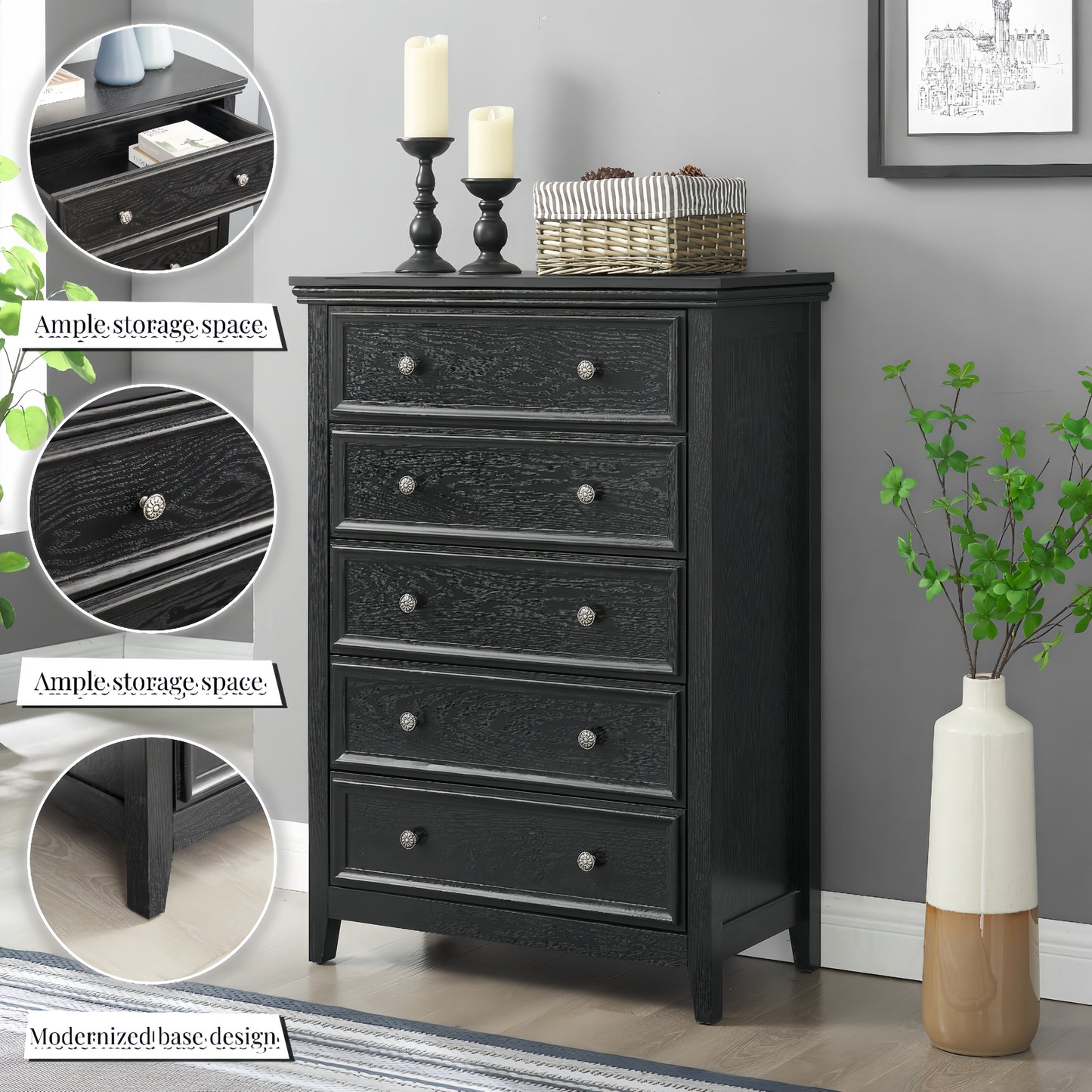 Modern 5-Drawer Black Dresser for Living Room Storage