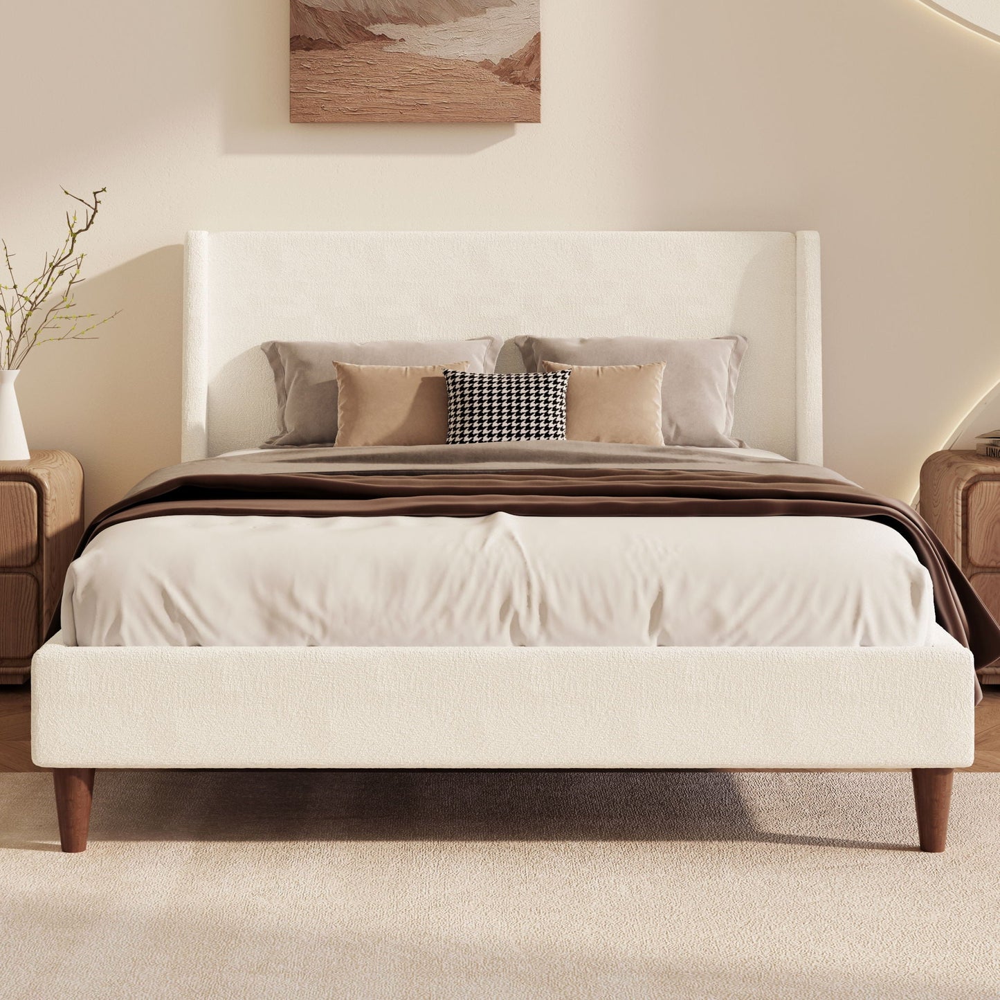 Upholstered Modern Platform Bed With Wingback Headboard