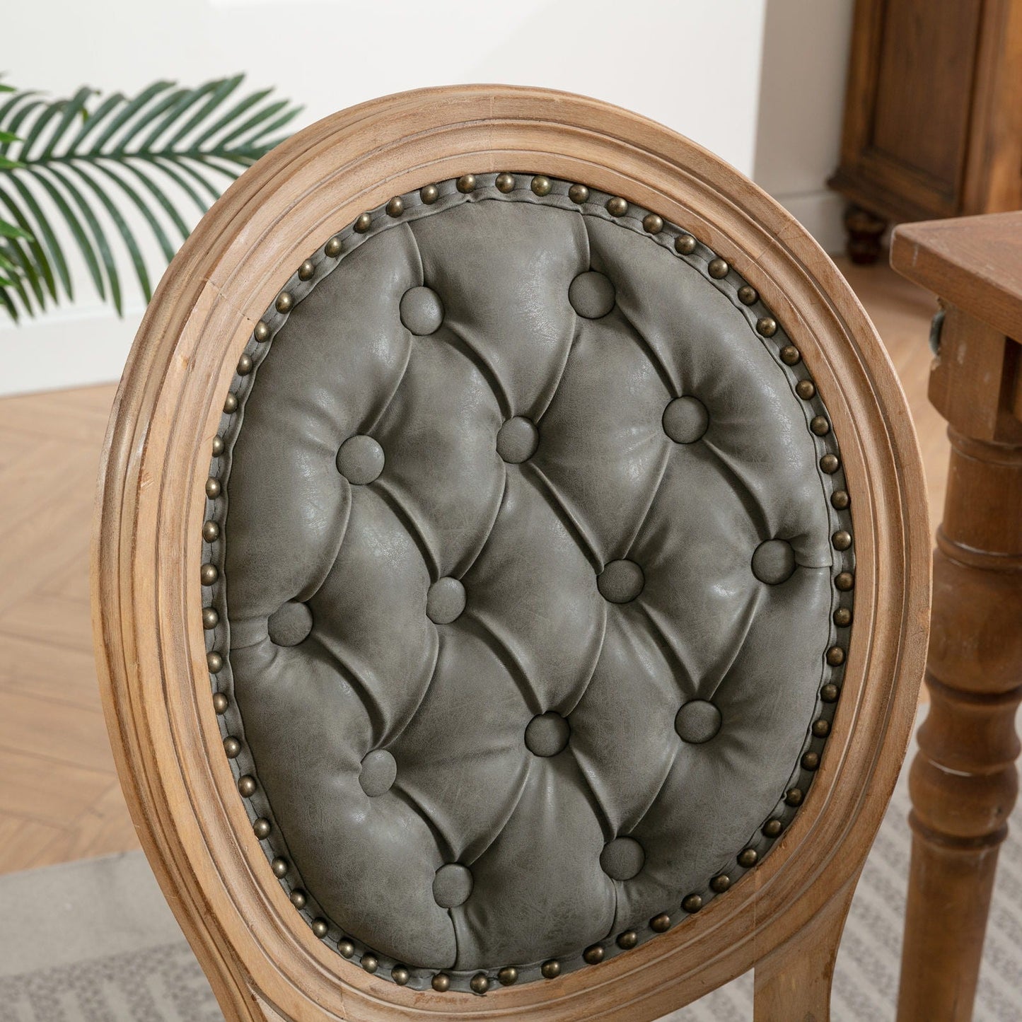 French Style Solid Wood Frame Antique Painting, Hand-Pulled Buckle Decoration Artificial Dining Chair With Nailhead Trim, Wood Legs