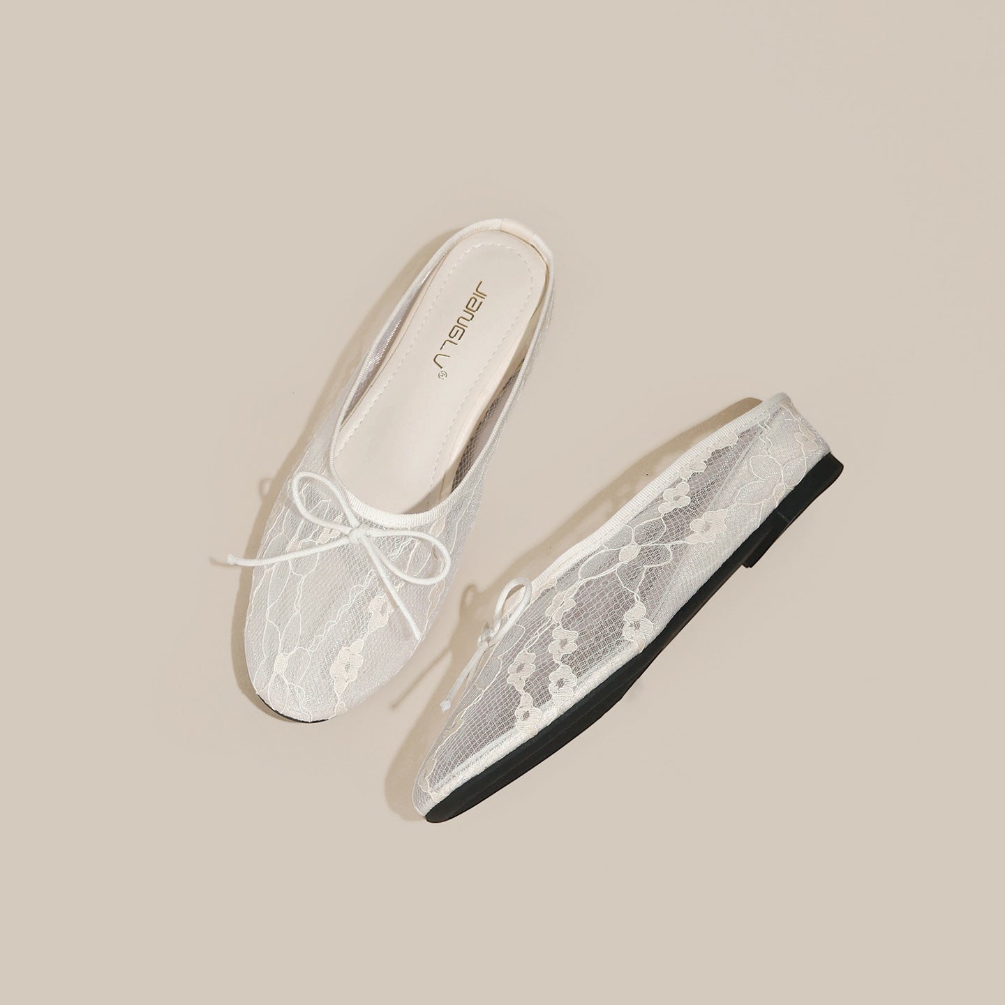 4cm Hidden-Heel Bow-Knot Lace Fishnet Breathable Hollowed-Out Closed-Toe Half Slippers