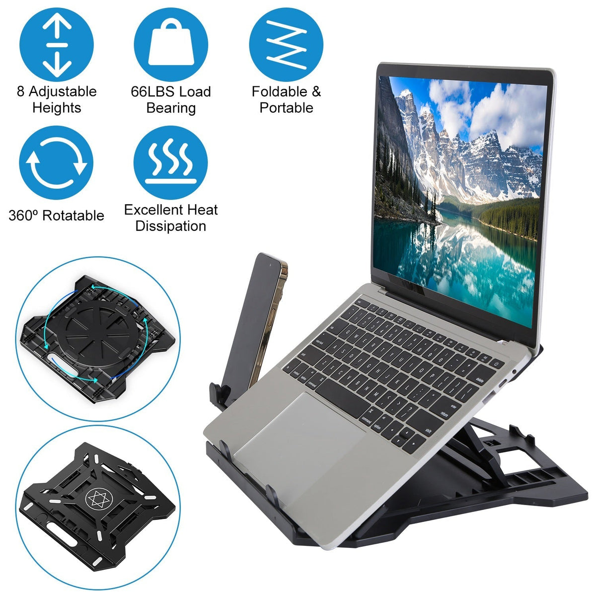 360¼ Rotating Laptop Riser Stand Foldable Desk Laptop Riser Tablet PC Holder with Phone Stand 8 Level Adjustable Height Inbuilt Handle for Home Office